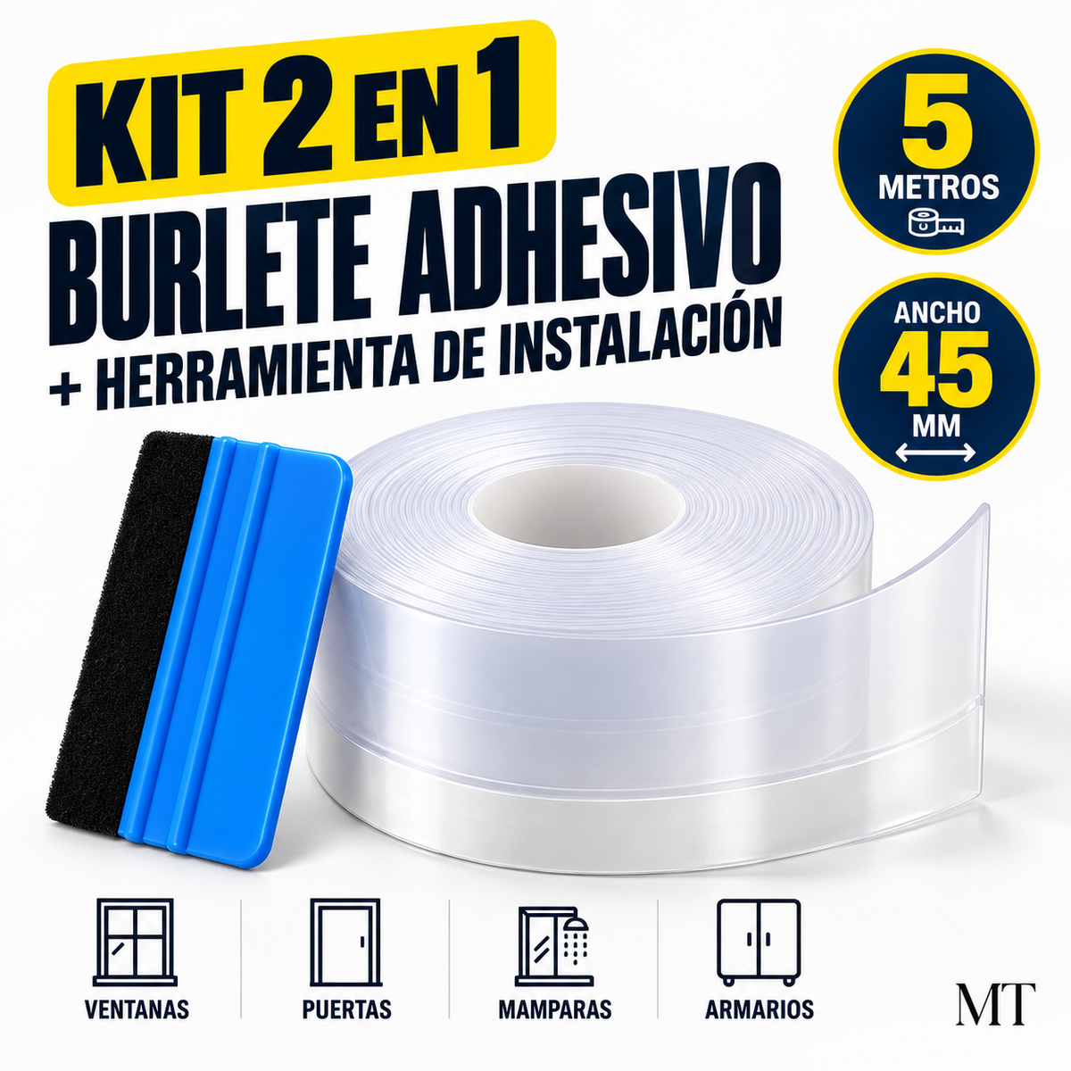 Kit 2 en 1: burlete adhesivo de 5 metros y espátula de instalación, ancho 45 mm