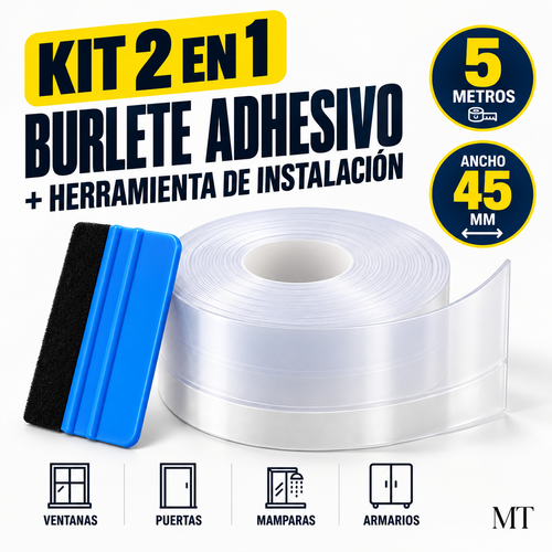 Kit 2 en 1: burlete adhesivo de 5 metros y espátula de instalación, ancho 45 mm