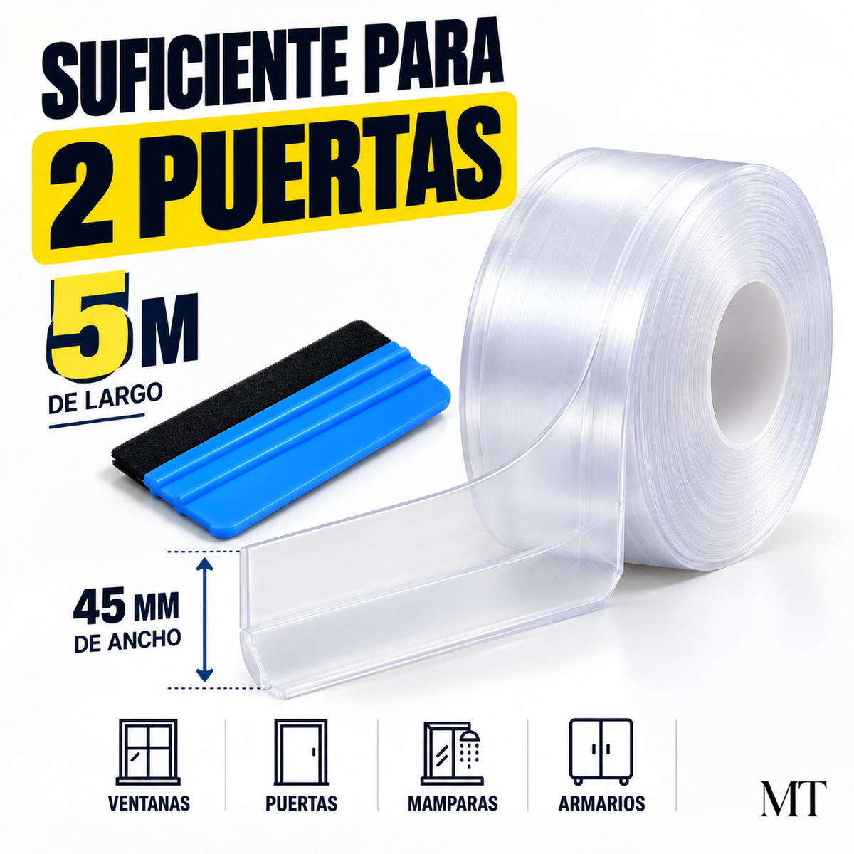 Rollo de 5 metros de largo y 45 mm de ancho, suficiente para dos puertas