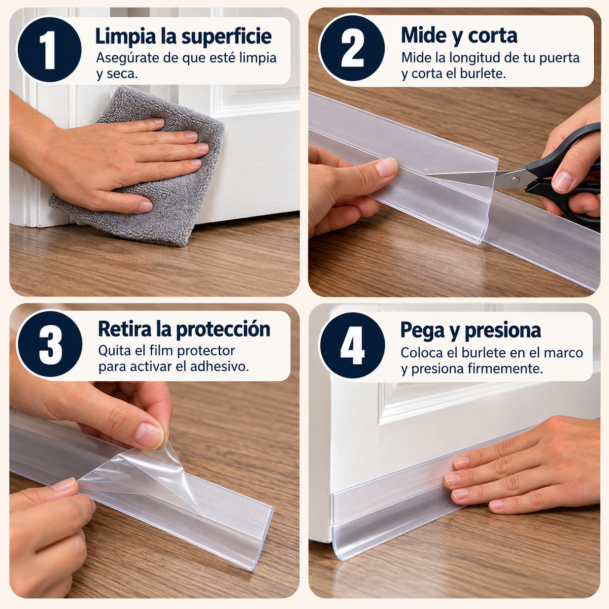 Instalación en 4 pasos: limpia, mide y corta, retira la protección, pega y presiona