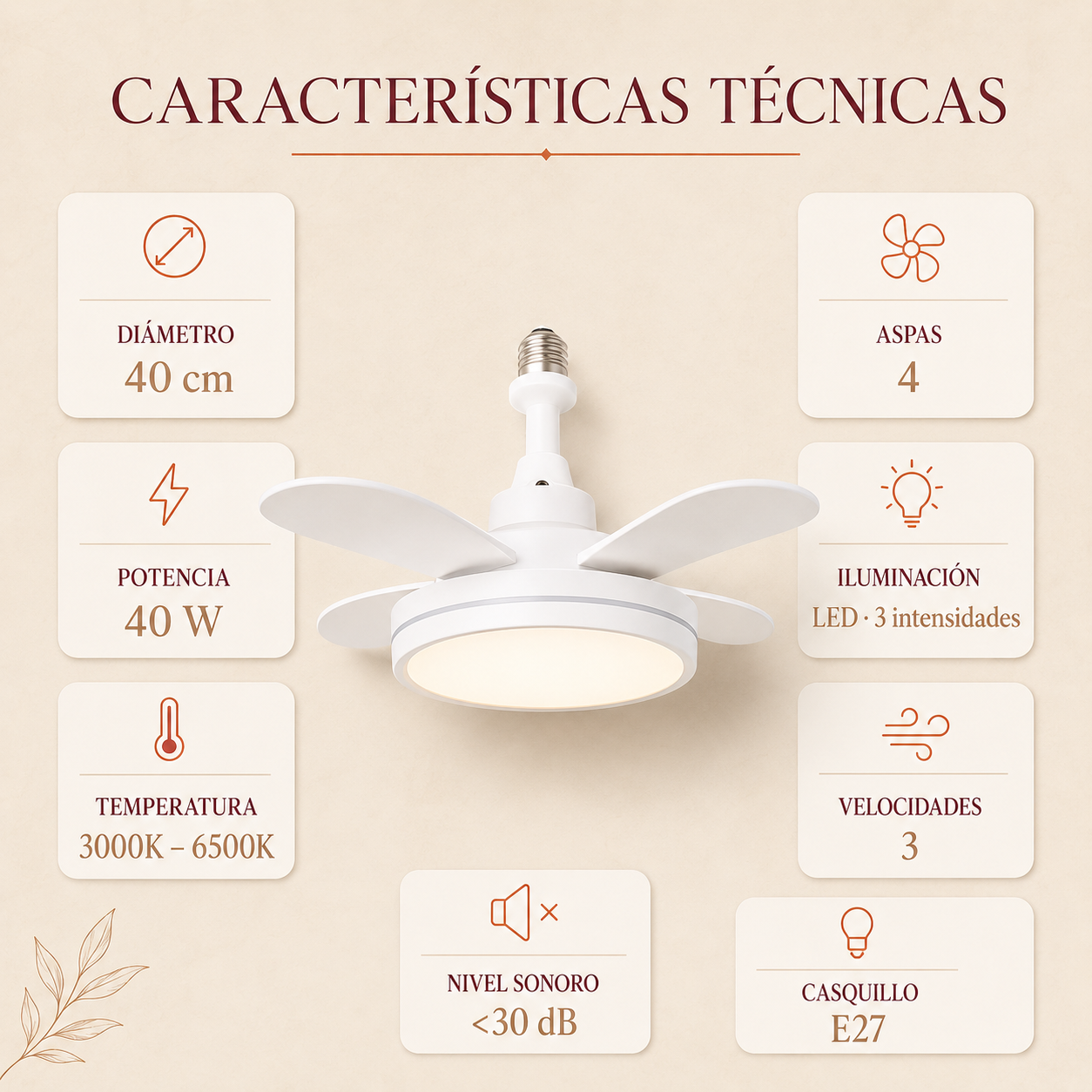 Ventilador tecnológico con luz LED y mando a distancia