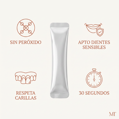 Sin peróxido, apto dientes sensibles, respeta carillas, 30 segundos