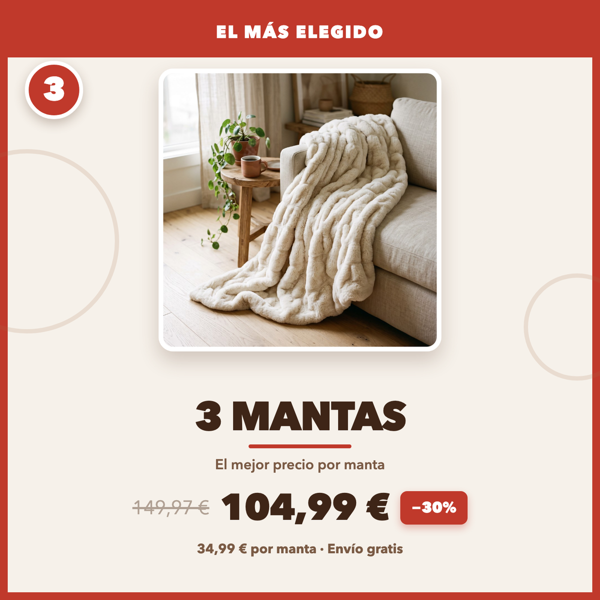 Pack de 3 mantas, el más elegido, 104,99 €, ahorra 30%
