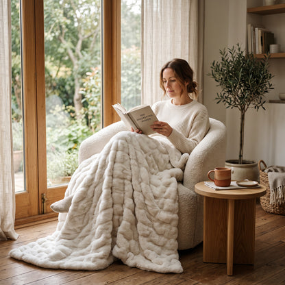 Mujer leyendo en un sillón envuelta en la manta crema