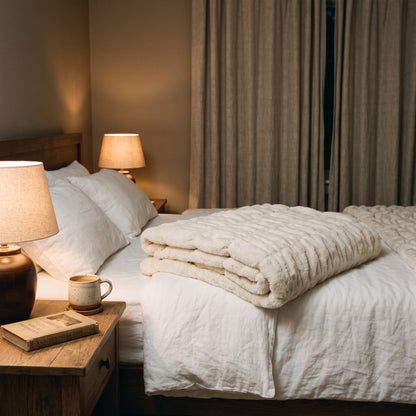 La manta doblada a los pies de la cama, ambiente de noche