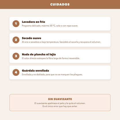 Cuidados: lavadora en frío, secado suave, sin suavizante