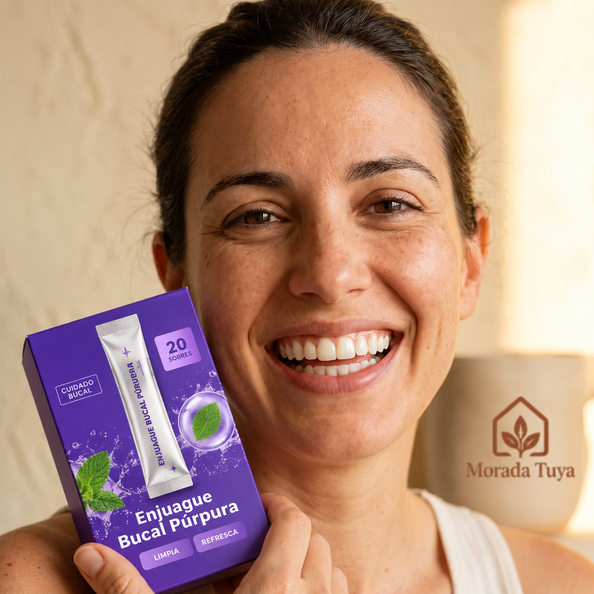 Mujer sonriendo con la caja de Enjuague Bucal Púrpura de 20 sobres