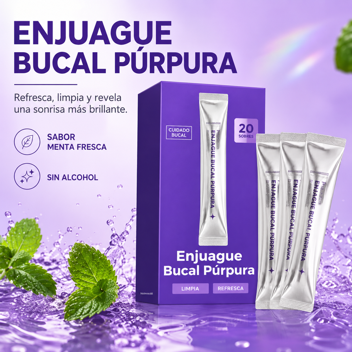 Enjuague Bucal Púrpura: sabor menta fresca, sin alcohol